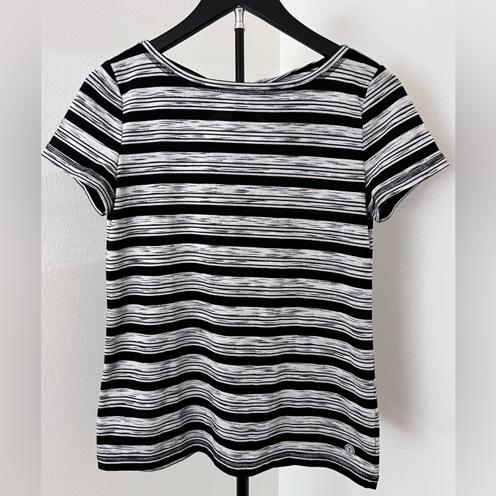 Talbots Twist Back Striped Top SP | Black White Short Sleeve Tee | Classic Chic